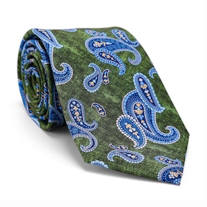 Mens Green Tie, Moss Green Paisley Necktie, Wedding Groom Groomsmen Tie, Gift for Him,Vintage Tie, Green Tie Dye Necktie