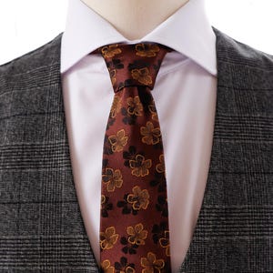 Mens Reddish Brown Floral Tie,Auburn Brown Necktie with Golden Flower,Rust Wedding Tie,Necktie for Groomsmen Groom,Christmas Gift for Him