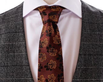 Mens Reddish Brown Floral Tie,Auburn Brown Necktie with Golden Flower,Rust Wedding Tie,Necktie for Groomsmen Groom,Christmas Gift for Him