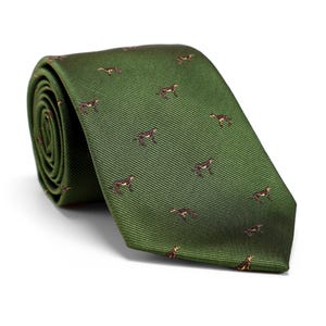 Mens Olive Green Tie with Brown Hounds Embroideries,8cm,Animal Theme Ties,Wedding Green Neckties,Gift for Him,Green Tie for Grooms,Groomsmen