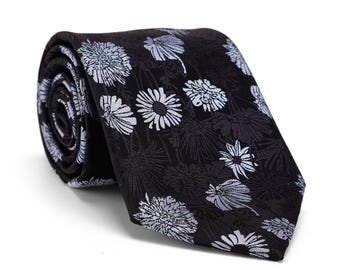 Mens Black Floral Tie,Black Tie with Silver Gray Chrysanthemum,Matching Pocket Square,Wedding Groom Groomsmen Tie Set,Mens Gift,Business Tie