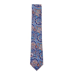 May include: A blue paisley patterned tie with orange and white accents.