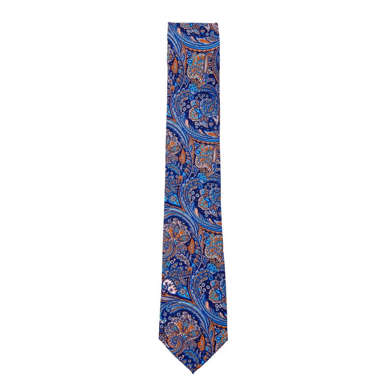 May include: A blue paisley patterned tie with orange and white accents.
