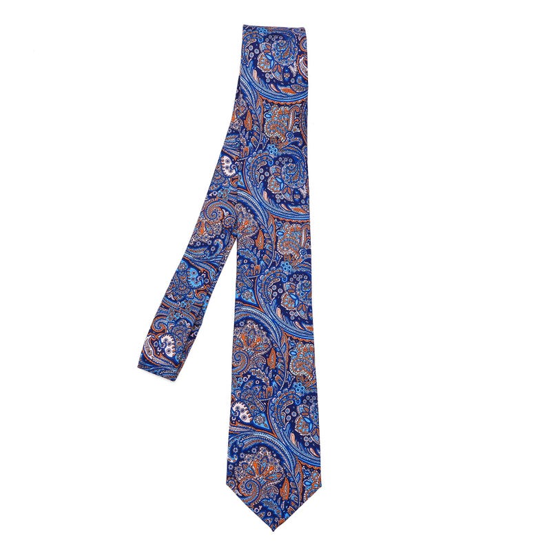 May include: A blue paisley patterned necktie with orange and white accents.