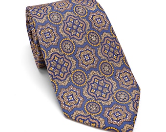Mens Dusty Blue Medallion Tie,Steel Blue Tie,Vintage Geometric Tie,Wedding Necktie,Gift For Him,Groom Necktie,Tie for Groomsmen,Casual Tie