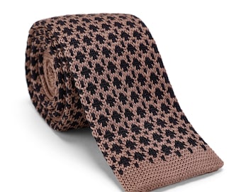 Corbata de punto de pata de gallo en marrón caqui y negro para hombre, corbata delgada retro con extremos cuadrados, corbata para novio de boda de otoño, regalo para padrinos de boda, estética Dark Academia.