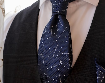 Corbata con mapa estelar, corbata jacquard con constelaciones celestiales en tonos de cielo estrellado de medianoche, elegante corbata azul para novio, regalo de astronomía para hombres