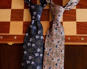 Iris Floral Jacquard Necktie, Midnight Navy & Lotus Root Pink Botanical Aesthetic Tie, Groom Groomsmen Tie for Boho Wedding, Gift for Him