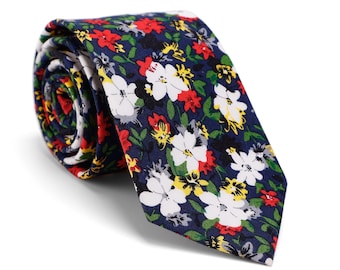 Corbata estrecha de algodón azul marino hecha a mano, estampado botánico de flores silvestres, corbata rústica para bodas.