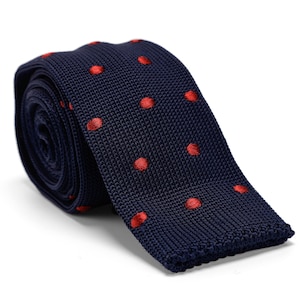 Polka Dot Knitted Tie,Navy Blue Knit Tie with Brick Red Dot,Skinny Knit Tie,Groom Groomsmen Wedding Tie,Gift for Men,Gift for Him,Casual Tie