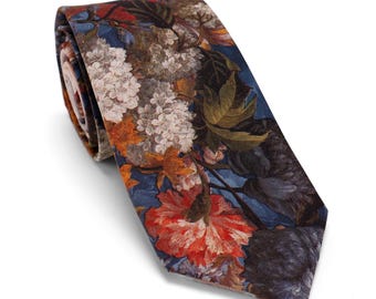 Mens Floral Tie,Painterly Hydrangea Hibiscus Necktie,Fall Tie,Wedding Tie,Groom Tie, Groomsmen Gift,Vintage Floral Tie,Art Tie,Gift for Him