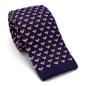 Mens Navy Blue Knitted Tie,Red & White Arrowheads Geometric Motif,Groom Groomsmen Neckties,Blue Tie for Wedding,Skinny Knit Tie,Gift for Him