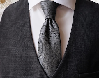 Corbata negra carbón con estampado paisley, 50% seda, corbata gris oscuro para bodas, tejido jacquard floral paisley botánico vintage.