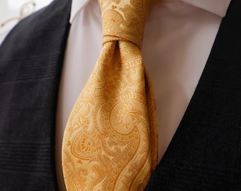 Corbata de hombre 50% seda, mostaza y amarillo dorado con estampado paisley, corbata para novio o padrinos de boda.