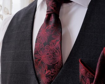 Corbata floral burdeos, corbata de boda rojo oscuro para hombre, corbata de estilo gótico romántico, jacquard floral de lirios artísticos, corbata para novio y padrinos de boda, regalo para hombre
