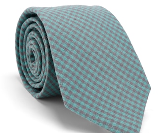 Corbata a cuadros verde menta y gris, corbata de algodón vichy color aguamarina, corbata a cuadros estilo preppy, corbata para graduación, corbata para boda de verano, regalo para él.