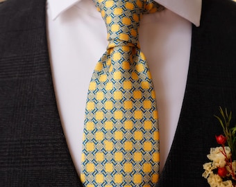 Corbata estampada geométrica en amarillo dorado brillante y azul real, accesorio para novios y padrinos de boda, regalo retro para hombres, corbata clásica de oficina.
