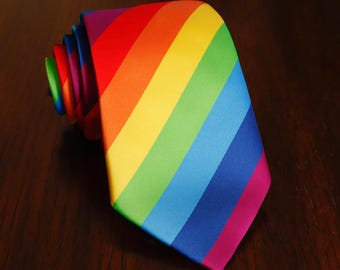 Mens Rainbow Tie, Colorful Stripe Satin Necktie, Vibrant Pride Ties, LGBTQ Wedding Groom Tie