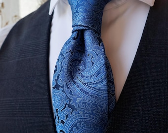 Corbata azul marino con estampado paisley, 50% seda, corbatas azules para bodas, corbata con textura jacquard.