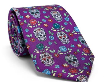 Mens Purple Skull Tie,Skull Tie Goth,Day of the Dead,Mexican Dia De Los Muertos,Halloween Christmas Gift Tie,Gothic Wedding Tie,Gift for Him