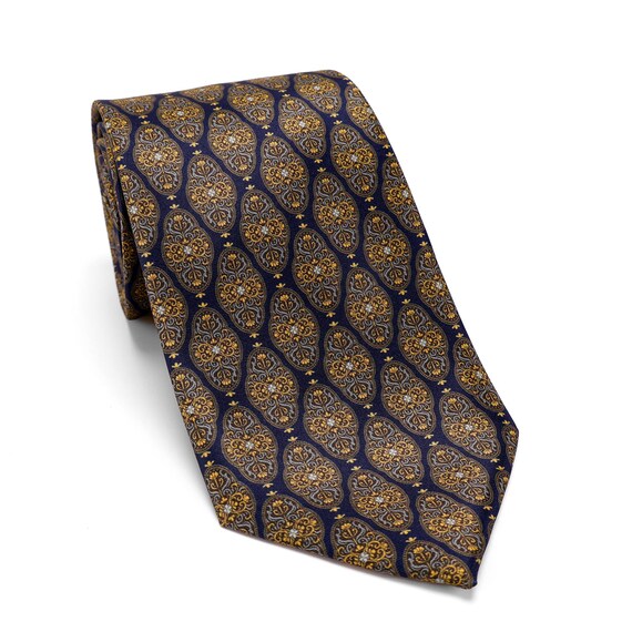 【おすすめ商品】ネイビーブルー ゴールド花　メンズネクタイ 落ち着いたゴールドのダマスク花柄が入ったネイビーブルーのネクタイ