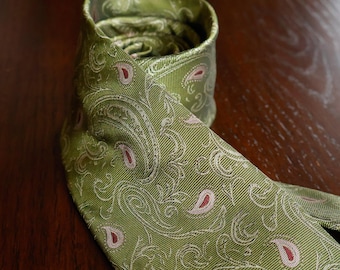 Corbata verde con estampado paisley para hombre: corbata clásica de jacquard botánico, corbata verde oliva para bodas, pañuelo de bolsillo, regalo para padrinos de boda.