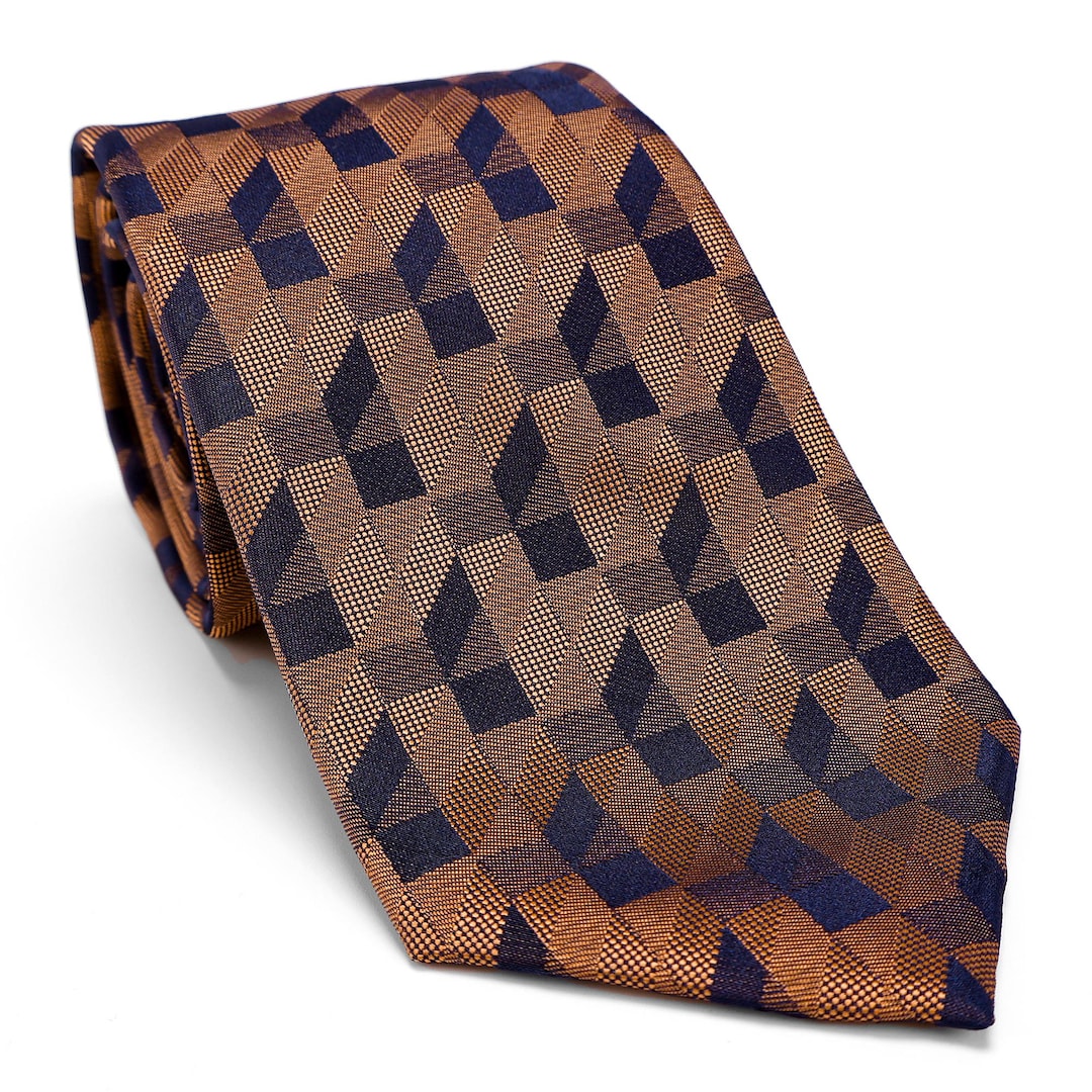 Neck Tie W/ Hanky Blue Brown Gold Square - Men's Neck Ties - Mens Dress Tie - Trendy Mens Ties main image 1