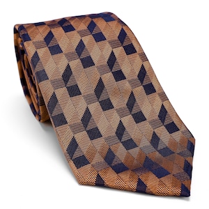 Mens Golden Brown Jacquard Tie with Navy Geometric Pattern,Copper Bronze Neckties, Wedding Necktie,Valentines Day Tie,Gift for Him,Groom Tie
