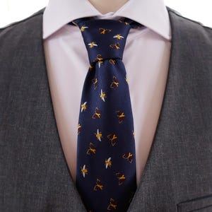 Navy Blue Tie with Bumble Bees and Butterflies Embroideries,Insect Design Mens Tie,Gift for Him,Honeybee Tie,Butterfly Tie,Animal Theme Tie