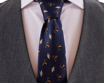 Navy Blue Tie with Bumble Bees and Butterflies Embroideries,Insect Design Mens Tie,Gift for Him,Honeybee Tie,Butterfly Tie,Animal Theme Tie