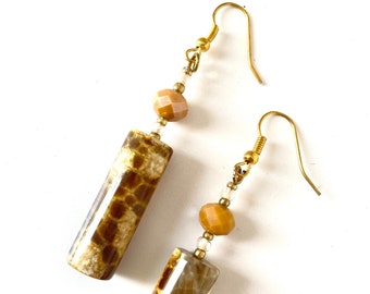 ARMOCROMIA AUTUMN - Long pendant earrings in natural stone - musk agate - brown, black, gold, white - gift idea