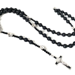 Black skull rosary - gothic rosary - cross necklace - lava stone