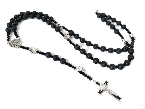 Black Skull Rosary - Gothic Rosary - Cross Necklace - Lava Stone