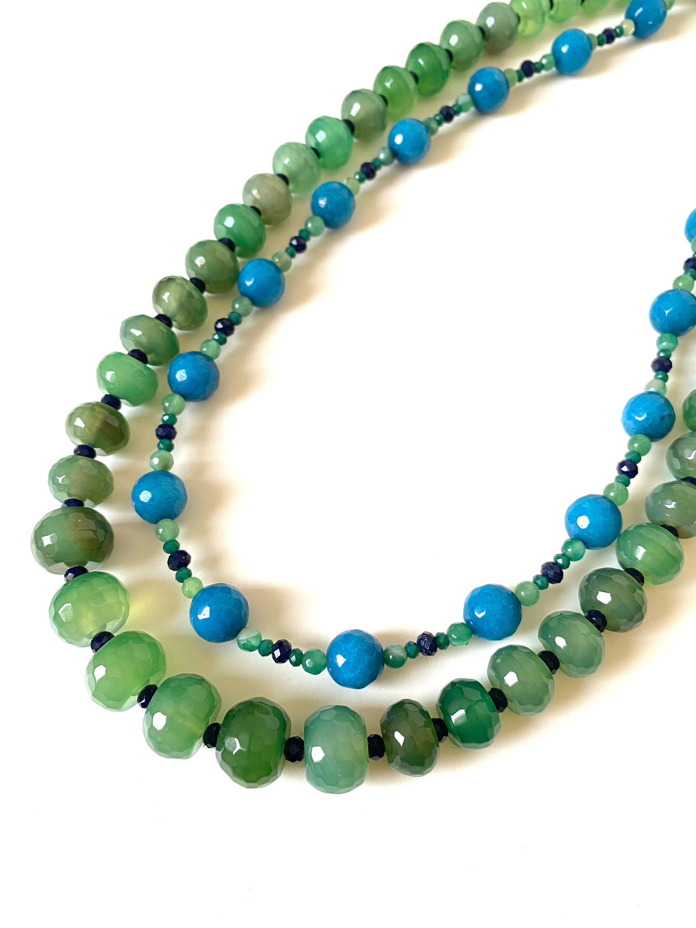COLLAR MULTICAPA verde azul 2 hilos piedras naturales - Etsy México