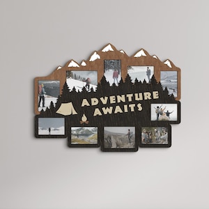 Adventure awaits family photo collage Wood camping signs Woodland Camping Cabin decor Mountain art Adventure wall decor Hiking gifts