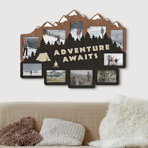 Collage personalizzato di cornici di montagna L'avventura attende il cartello Galleria fotografica in legno per parete Design a strati Arredamento da campeggio Cornici multiple