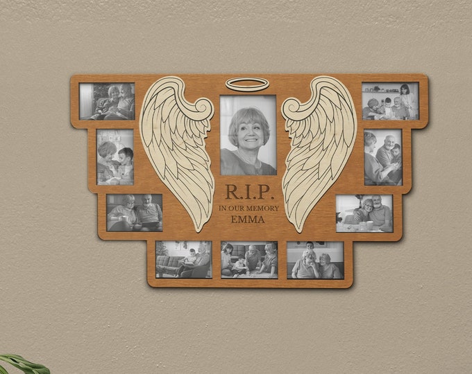 Personalized memorial frame In memory of a loved one Loss of mother Picture frame with engraved sign Photo collage with wings Custom color