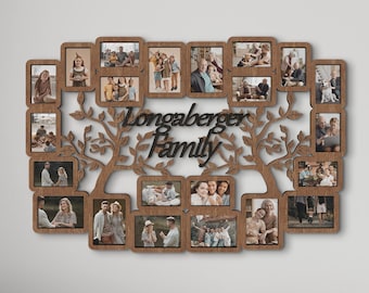 May include: A wooden photo frame in the shape of a tree with branches. The frame is filled with photos of a family. The text "Longaberger Family" is written on the frame.