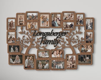 May include: A wooden family tree photo frame with 24 individual picture frames. The frame is brown and has a black silhouette of a tree with branches and leaves. The text "Longaberger Family" is written on the frame.