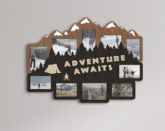 Adventure awaits family photo collage Wood camping signs Woodland Camping Cabin decor Mountain art Adventure wall decor Hiking gifts