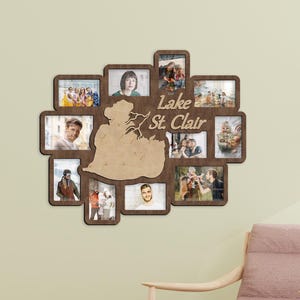 Mapa de lago personalizado: decoración rústica de granja y cabaña, letrero de lago personalizado, arte mural de madera, collage de marcos de fotos, regalo para vacaciones familiares