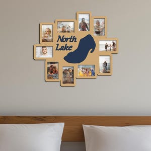 Aangepast decor Lake Huron-kaart voor Lakehouse Gegraveerd bord Lake en kunst aan de muur Houten fotocollage Fotogalerij Familievakantieherinneringen