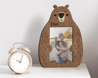 Personalized first baby gift Engraved bear wood wall art Custom color nursery decor Kids birthday present Baby boy name sign Small 4x6 frame