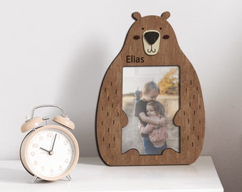 Personalized teddy bear 4x6 picture frame Laser engraved name Custom name sign 6 color options Wood photo frame Nursery decor New baby gift