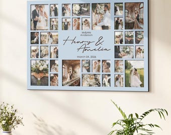 Large Wooden Wedding Photo Collage Frame – 34 Opening Anniversary Picture Grid for Newlyweds