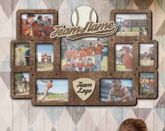 Personalized baseball picture frame collage Custom sports team display Engraved memory photo frames Baseball gift for coach Boys room decor