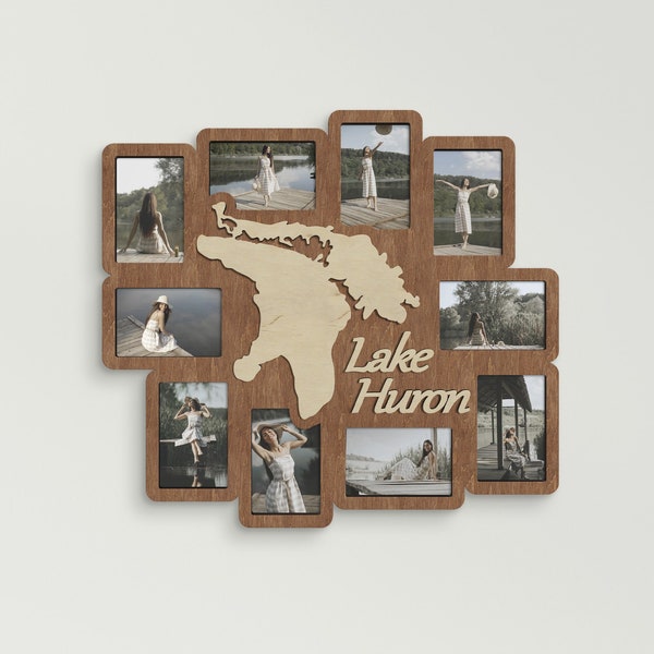 Benutzerdefinierte Huronsee-Karte, Dekoration für Haus am See, gravierte Seekarte, mehrere Bilderrahmen, rustikale Seebild-Collage aus Holz, Seeschild und Wandkunst-Dekor
