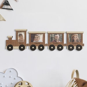 Personalized wood photo frame train set Engraved picture frame gift Wooden kids room decor Locomotive and carriage wall art 4x6 small frame