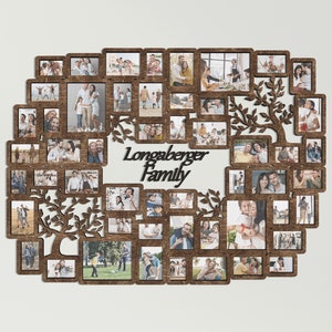 Puede incluir: Un marco de fotos de madera con forma de árbol con múltiples aberturas para fotos. El marco está decorado con hojas y ramas. El texto "Longaberger Family" se muestra en la parte superior del marco.