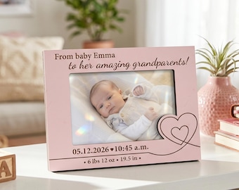First time Grandma & Grandad – Personalized Gift for Grandparents Day, New Baby, Birth Stat Photo Frame, Family Baby Shower Gifts